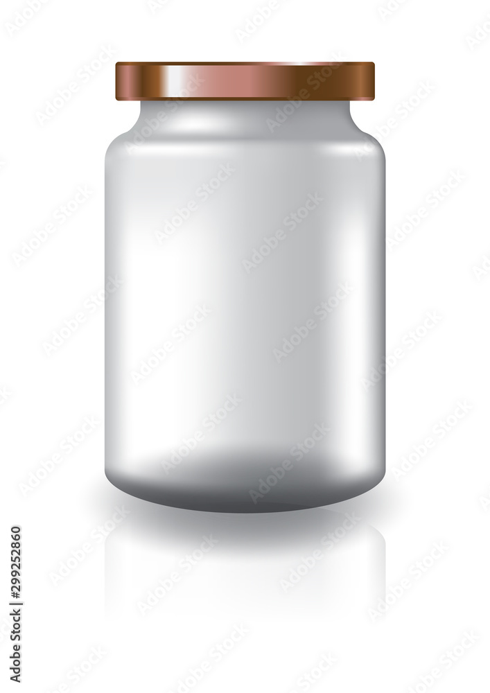 Blank clear round jar with copper lid medium high size for supplements or food product. Isolated on white background with reflection shadow. Ready to use for package design. Vector illustration. Blank clear round jar with copper lid medium high size for supplements or food product. Isolated on white background with reflection shadow. Ready to use for package design. Vector illustration.