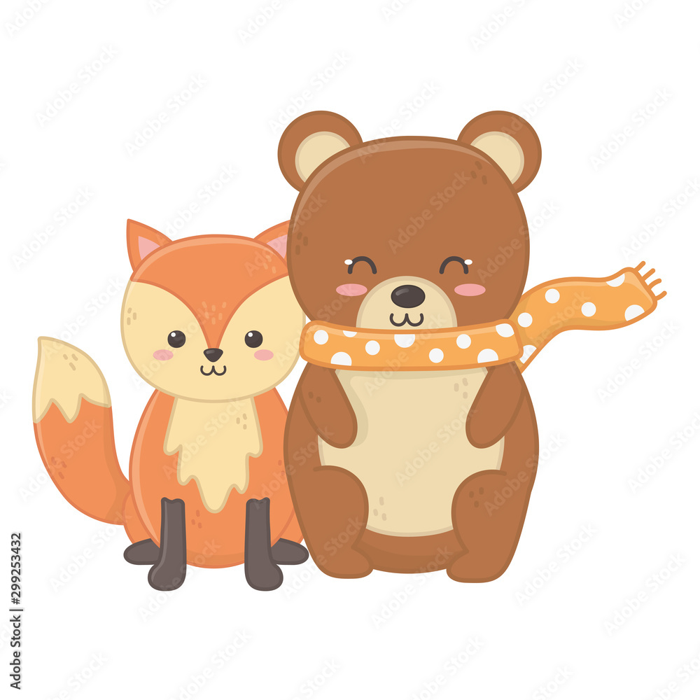 Obraz premium cute bear with scarf and fox sitting hello autumn