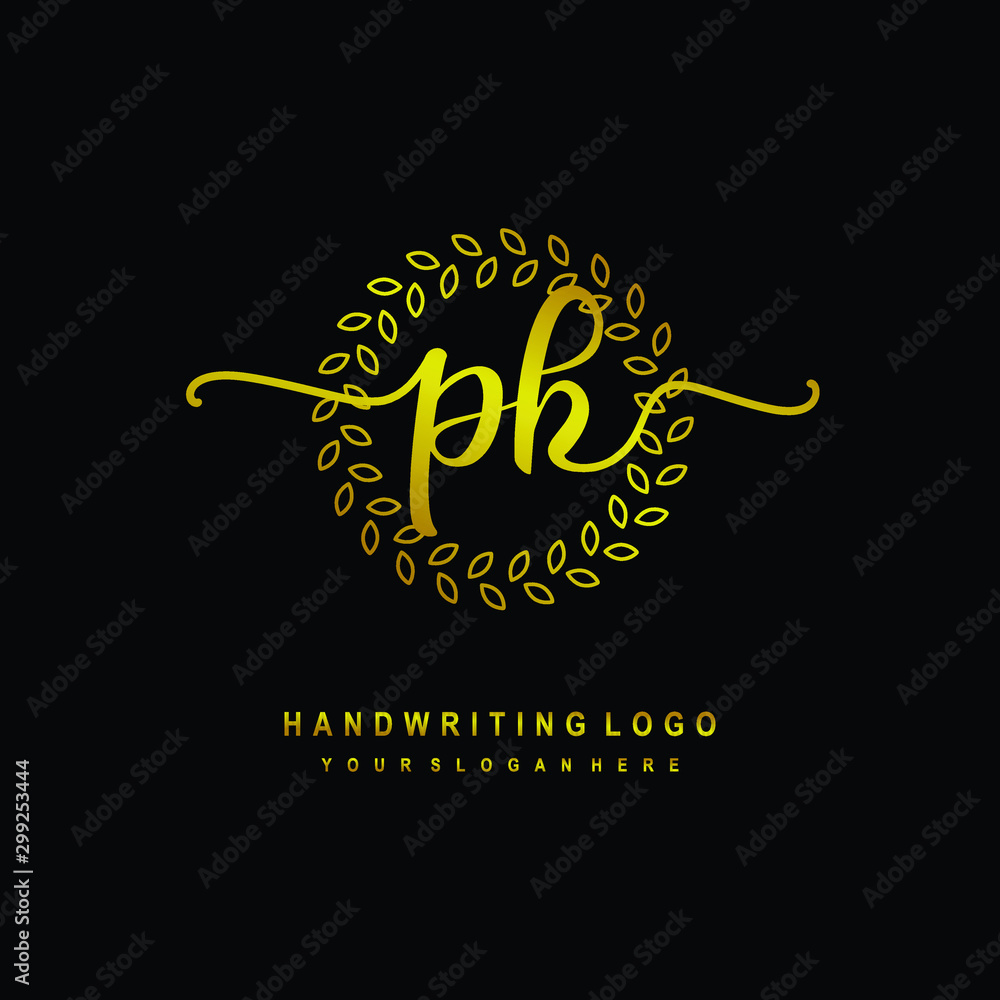 Handwriting initials PK, With a gold leaf line template. logo design for, beauty, fashion, cosmetic, business