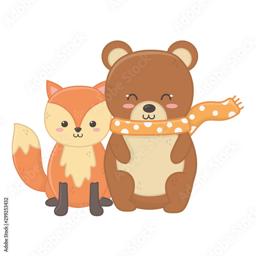 Fototapeta Naklejka Na Ścianę i Meble -  cute bear with scarf and fox sitting hello autumn