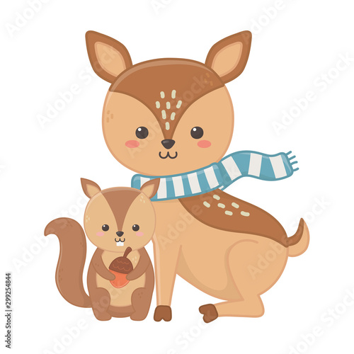 cute deer with scarf and squirrel holding acorn hello autumn