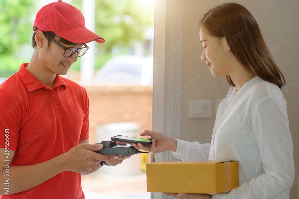 delivery boy in charge of sending or pick up packages parcel to or from customer, device signed scanner barcode accepted report online to completed parcel delivered in hand delivery boy in charge of sending or pick up packages parcel to or from customer, device signed scanner barcode accepted report online to completed parcel delivered in hand