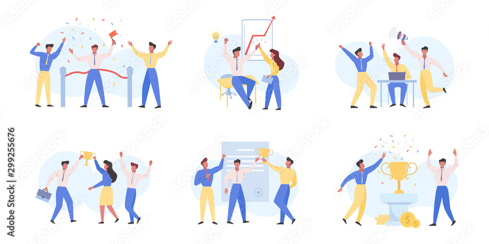 Business success, victory flat vector illustrations set Business success, victory flat vector illustrations set