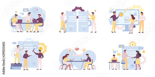 Business analysts teamwork flat vector illustrations set