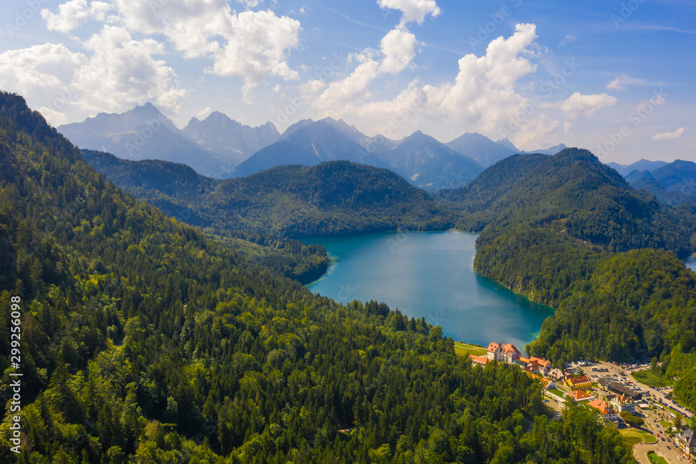 Aerial view on Alpsee lake, Bavaria, Germany. Concept of traveling and hiking in German Alps.