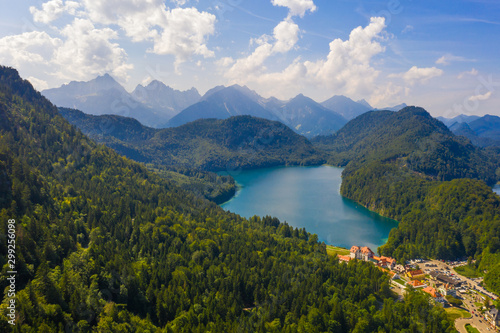 Aerial view on Alpsee lake, Bavaria, Germany. Concept of traveling and hiking in German Alps.