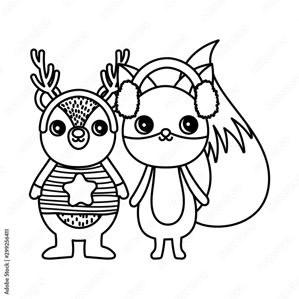 cute bear and fox with ear muffs merry christmas thick line cute bear and fox with ear muffs merry christmas thick line