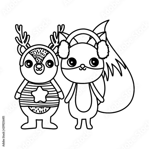 cute bear and fox with ear muffs merry christmas thick line