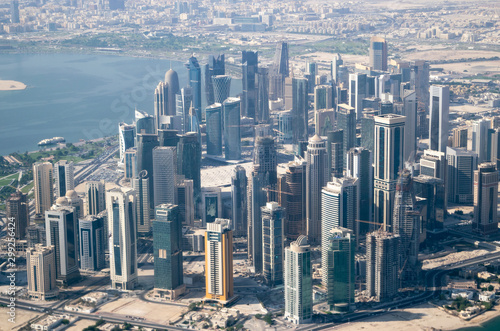 Aerial View of Modern Skyscrapers and Apartment Buildings in Downtown Doha (West Bay) on a Sunny Clear Day - Doha, Qatar