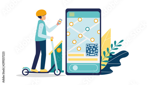 Mobile application for electric scooters sharing. A young man in a helmet rides a kick scooter. Smartphone app with map navigation. Charging and payment station. Vector illustration