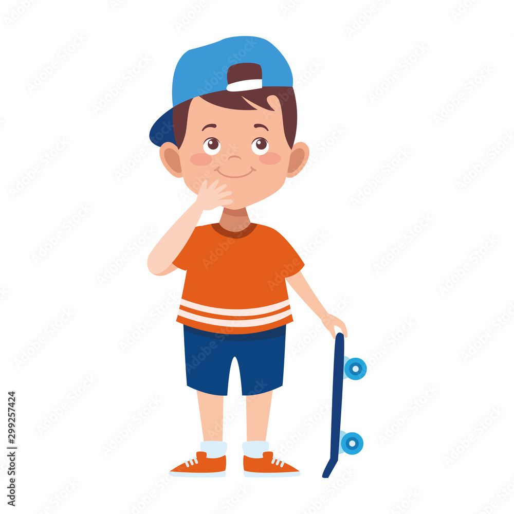 cartoon cute boy holding a skateboard