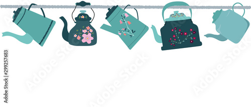 Horisontal border with hanging retro kettles on kitchen rail.