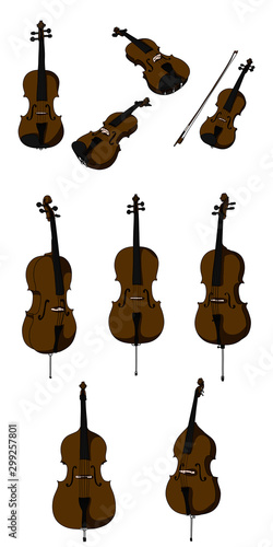 Classic violin, alt, cello, double bass and bow vector isolated on white background, different angles