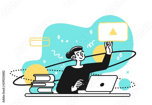 Online Education Courses Concept illustration. Smiling student satisfied with learning during online courses using netbook. Outline vector Style.