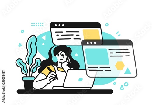 Online Education Courses Concept illustration. Smiling student satisfied with learning during online courses using netbook. Outline vector Style.