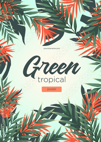 Bright tropical background with jungle plants. Exotic pattern with tropical leaves