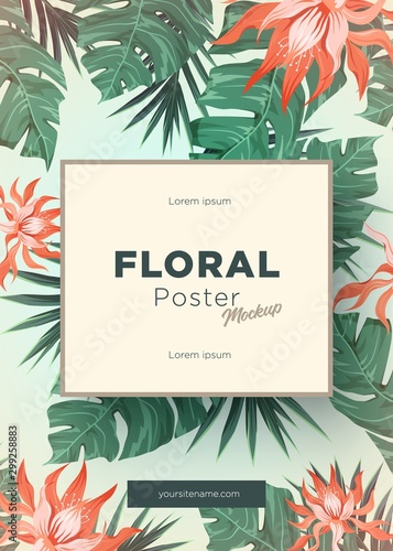 Bright tropical background with jungle plants. Exotic pattern with tropical leaves