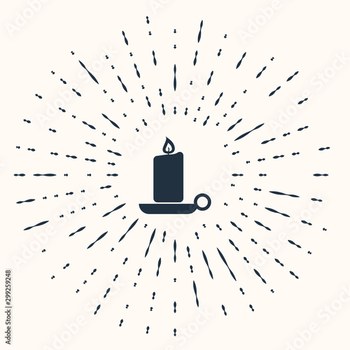 Grey Burning candle in candlestick icon isolated on beige background. Old fashioned lit candle. Cylindrical candle stick with burning flame. Abstract circle random dots. Vector Illustration