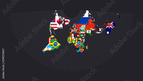 World map with flags of each country. Conic equidistant projection. Map of the world with meridians on dark background. Vector illustration.