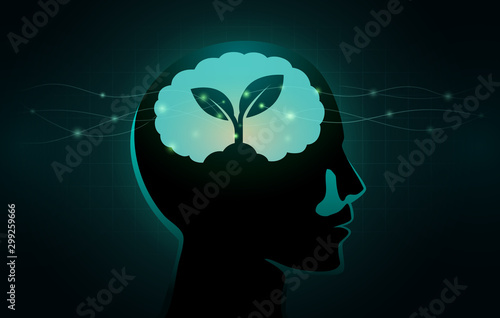 Small Tree growing in human brain. Silhouette illustration about growth mindset concept and good Attitude.