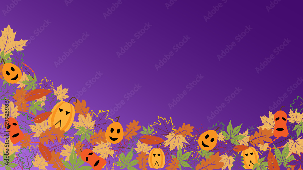 Fall background with colorful and outline leaves and funny pumpkins. Autumn frame, banner, border with place for your text for sale, advertising, web.