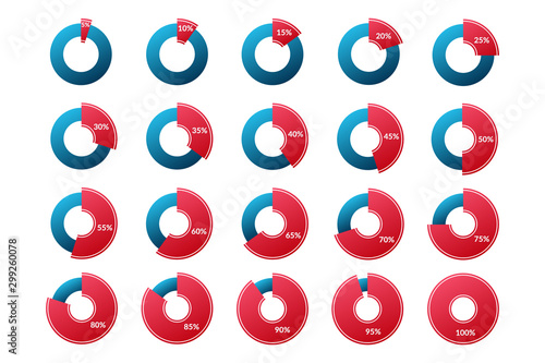 5 10 15 20 25 30 35 40 45 50 55 60 65 70 75 80 85 90 95 100 percent gradient pie chart sign. Percentage vector infographic symbol. Circle diagram set isolated for business, download, web, design, mark