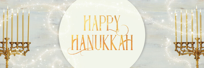 Religion image of jewish holiday Hanukkah background with menorah (traditional candelabra) and candles