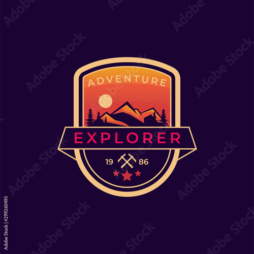 Orange outdoor and adventure logo badge template for mountaineering, scout, Forest ranger, outdoor gear shop with vintage shield style and colorful.