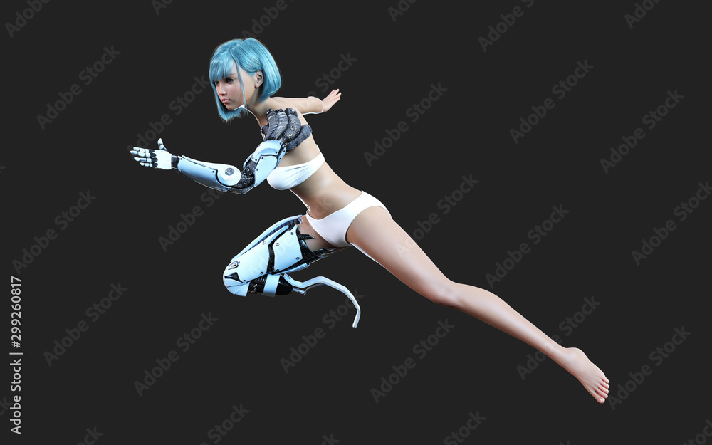 3d illustration or model of futuristic steel robotic girl posing on dark background with clipping path. Robot's action and pose. Robotic steel hand and leg.