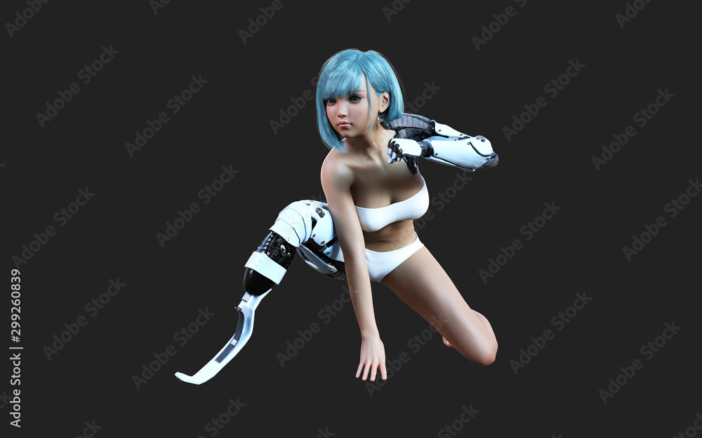 3d illustration or model of futuristic steel robotic girl posing on dark background with clipping path. Robot's action and pose. Robotic steel hand and leg. 3d illustration or model of futuristic steel robotic girl posing on dark background with clipping path. Robot's action and pose. Robotic steel hand and leg.