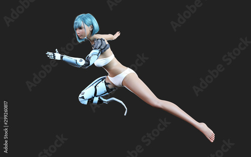 3d illustration or model of futuristic steel robotic girl posing on dark background with clipping path. Robot's action and pose. Robotic steel hand and leg. © mrjo_7