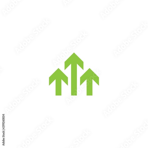 three green arrows up icon. Isolated on white. Upload icon. Upgrade sign.
