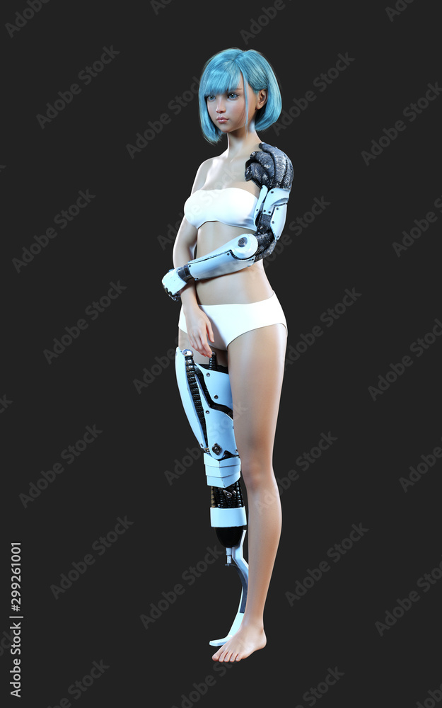 3d illustration or model of futuristic steel robotic girl posing on dark background with clipping path. Robot's action and pose. Robotic steel hand and leg. 3d illustration or model of futuristic steel robotic girl posing on dark background with clipping path. Robot's action and pose. Robotic steel hand and leg.