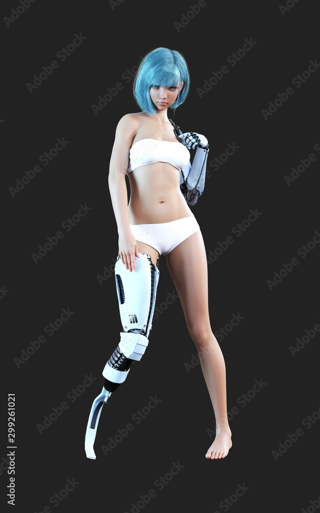 3d illustration or model of futuristic steel robotic girl posing on dark background with clipping path. Robot's action and pose. Robotic steel hand and leg. 3d illustration or model of futuristic steel robotic girl posing on dark background with clipping path. Robot's action and pose. Robotic steel hand and leg.