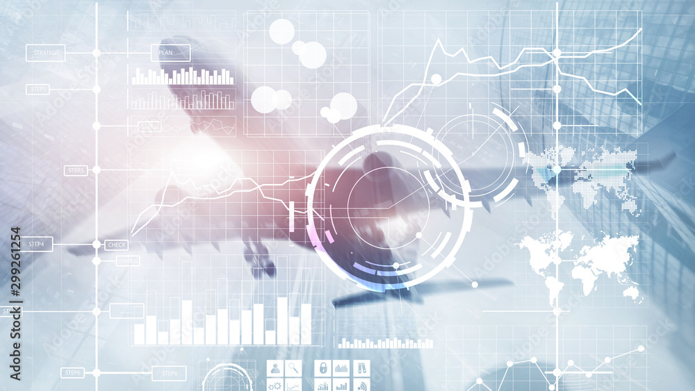 Fototapeta premium Business intelligence BI Key performance indicator KPI Analysis dashboard transparent blurred background.