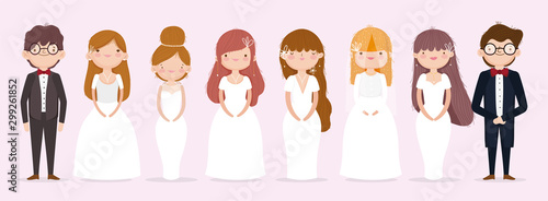 wedding couple grooms and brides with suits elegant set