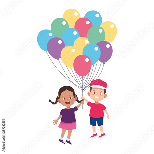 cartoon little boy and girl with colorful ballons