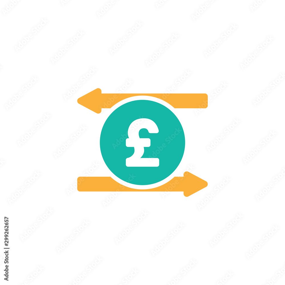 Two orange arrows with pound sterling sign in green circle. Flat icon. Isolated on white. Two orange arrows with pound sterling sign in green circle. Flat icon. Isolated on white.