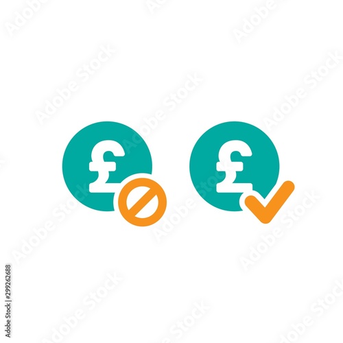 Two money icons. Blue circles with pound sterling signs and orange circle with tick and crossed circle.