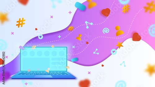 Laptop and digital marketing icons. Social medial marketing illustration. SMM design concept.