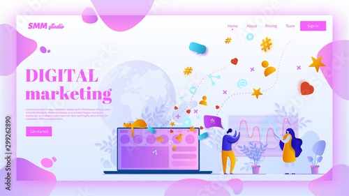 SMM landing page header concept. Social media marketing web page banner in flat style.