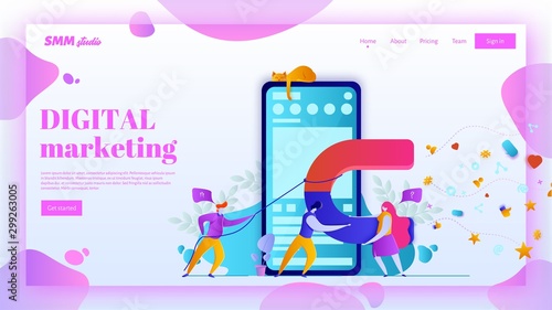 Man and woman with big magnet get conversions from social networks. SMM landing page header concept.