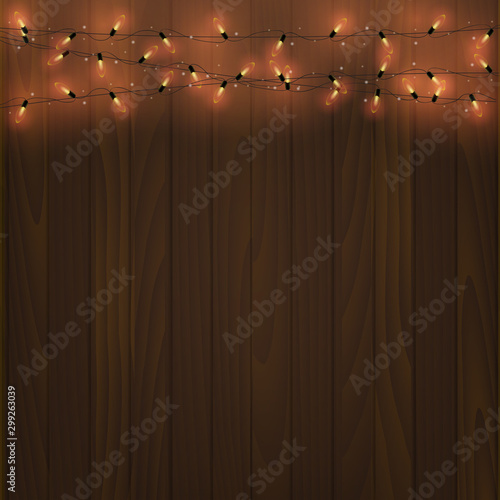 Glowing lights on wooden background. Vector illustration