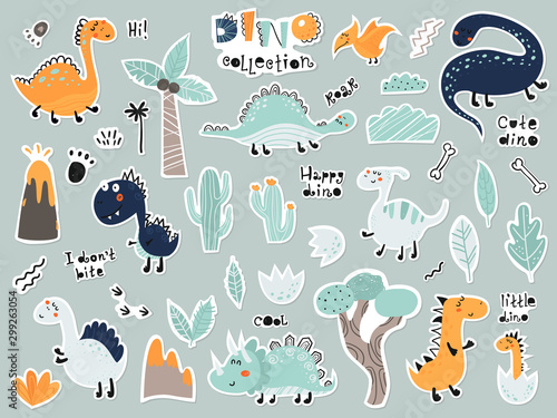 Cute cartoon set of stickers with dinosaurs, plants, volcano