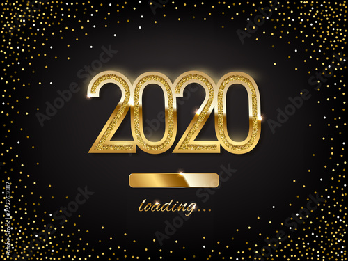 2020 golden New Year sign with loading panel on black background. Vector New Year illustration.