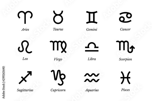 Flat schematic zodiac signs set with lettering