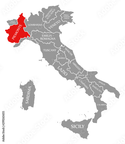 Quadro su tela Piedmont red highlighted in map of Italy