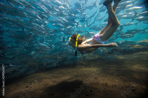 Young woman snorkeling and skin dives in the tropical sea with the big school of fish