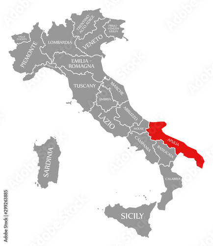 Apulia red highlighted in map of Italy