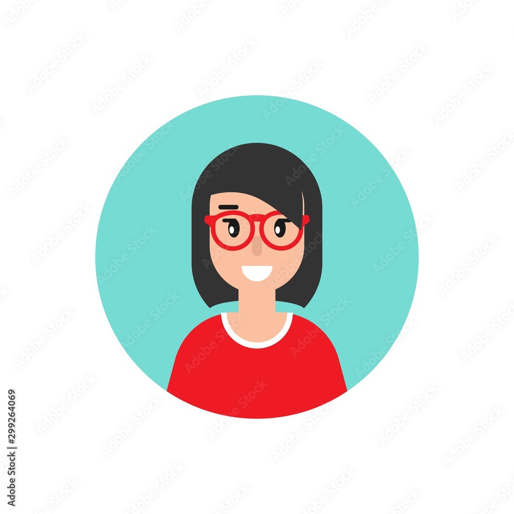 smiling girl avatar. cute happy woman flat icon in blue circle isolated on white. smiling girl avatar. cute happy woman flat icon in blue circle isolated on white.